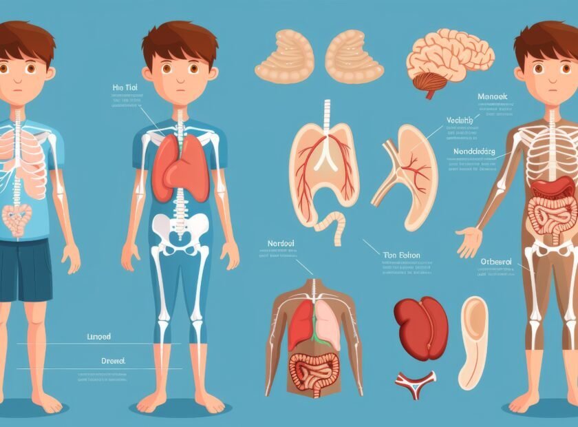 An educational anatomy body organ chart for kids. Illustration of a muscular, skeletal, circulatory, nervous, and digestive system of a cartoon little boy.