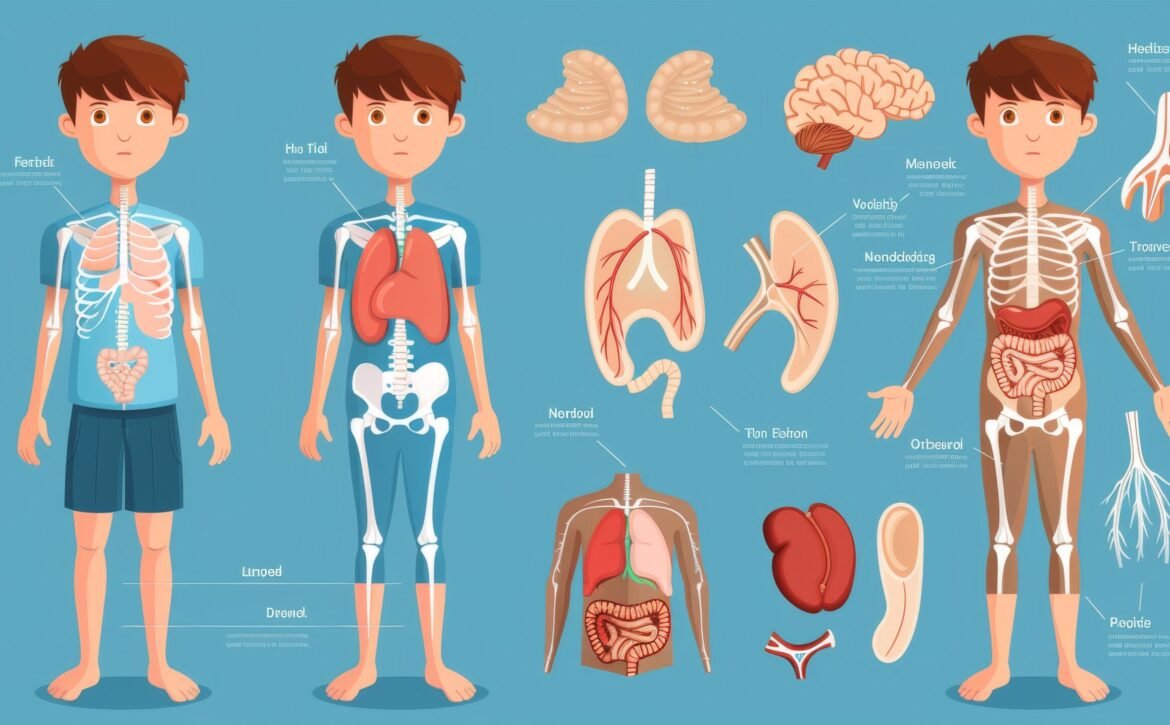An educational anatomy body organ chart for kids. Illustration of a muscular, skeletal, circulatory, nervous, and digestive system of a cartoon little boy.